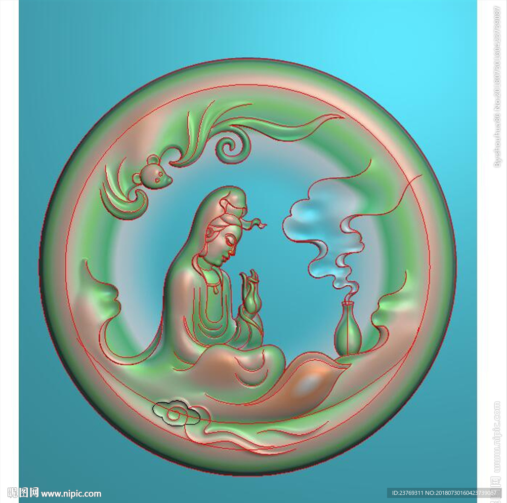 圆形蝙蝠侧身坐观音挂件精雕图