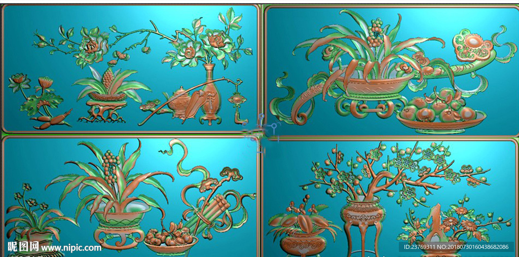 如意仿古花瓶牡丹花兰花横板精雕