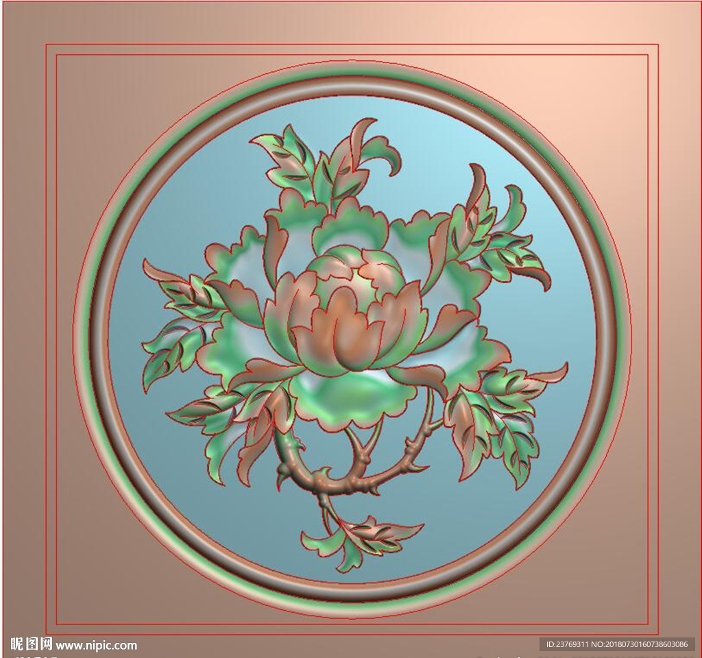 圆形牡丹花餐椅背板精雕图浮雕图