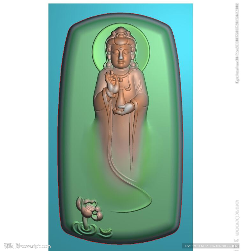 玉雕站立观音莲花精雕图浮雕灰度