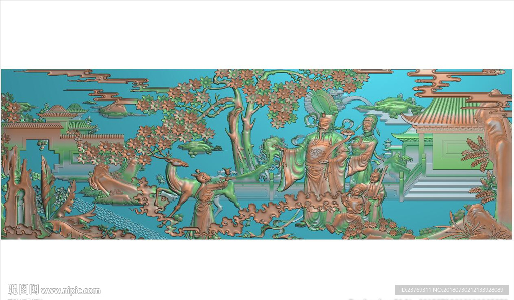 福禄寿人物横板挂屏精雕图浮雕图