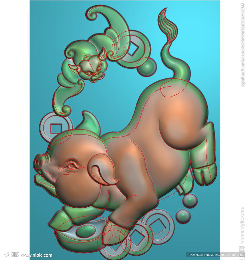 蝙蝠猪福在眼前元宝铜钱精雕图
