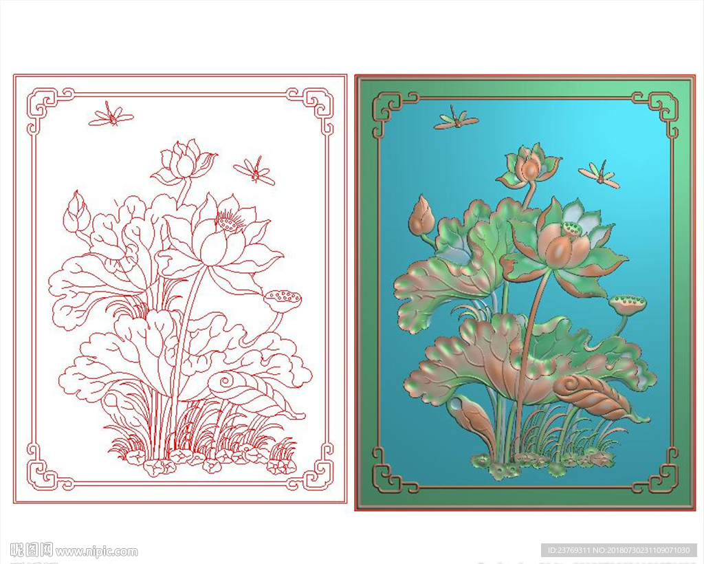 荷花蜻蜓精雕图门板四季花雕图