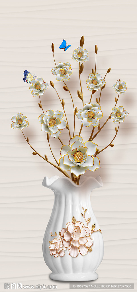 花瓶浮雕玫瑰玄关背景墙壁画