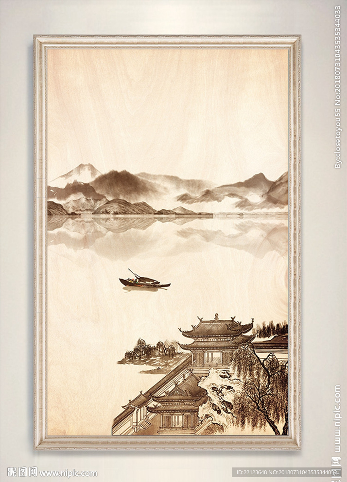 诗意宫廷小舟远山倒影装饰画