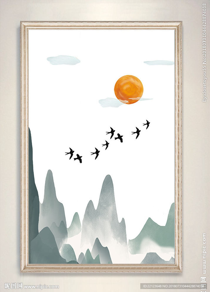 新中式飞鸟远山夕阳装饰画