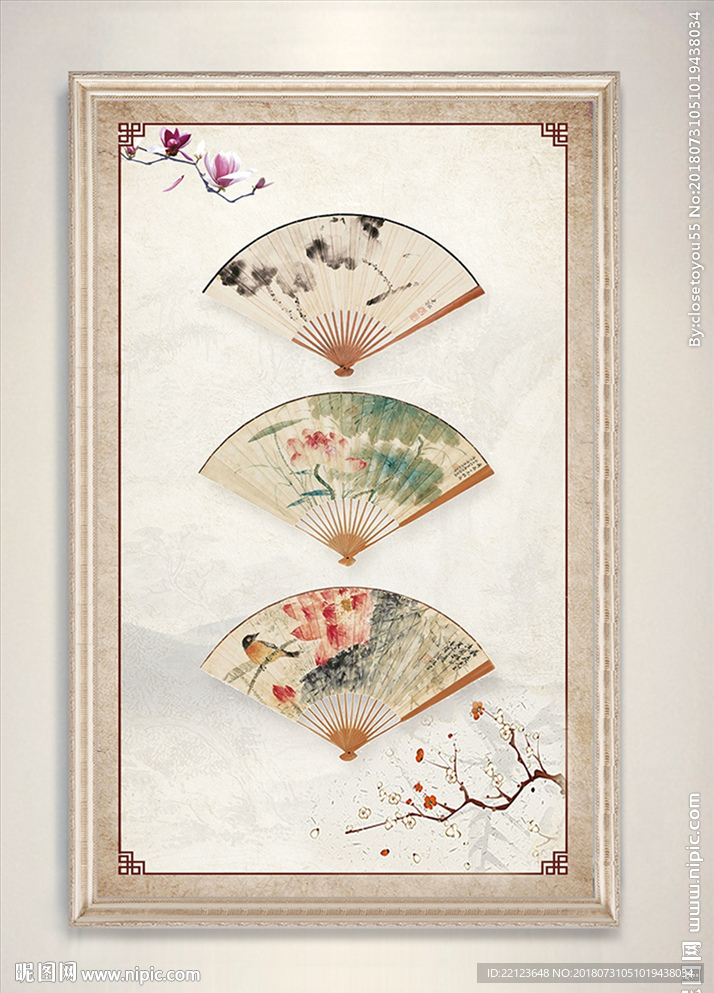 中式花鸟水墨扇形装饰画