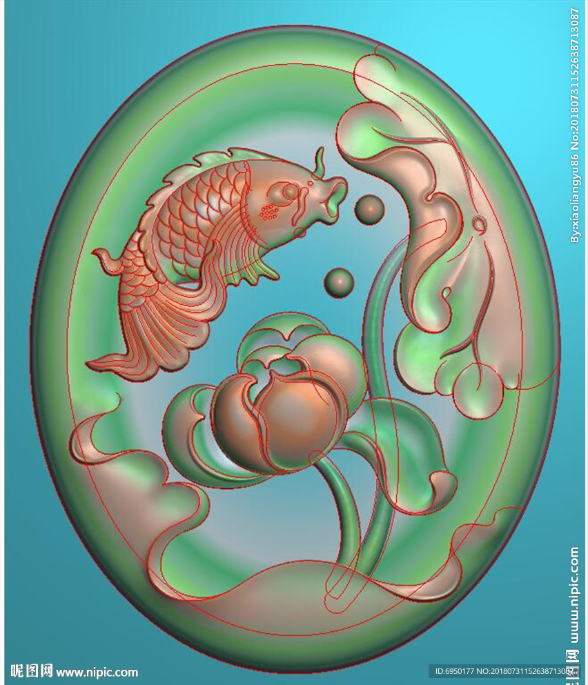 椭圆玉雕荷花鱼牌子精雕浮雕灰度