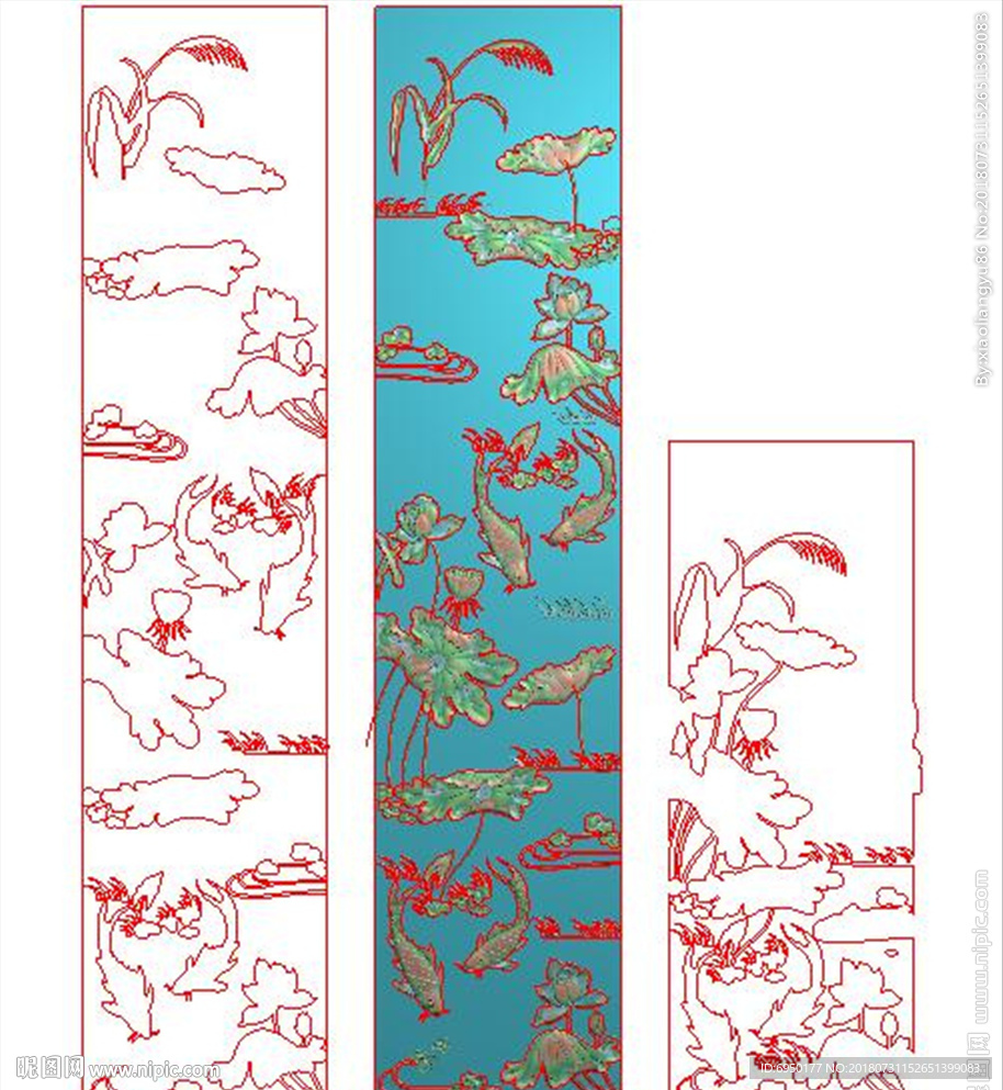 竖板荷花鱼年年有余精雕灰度浮雕