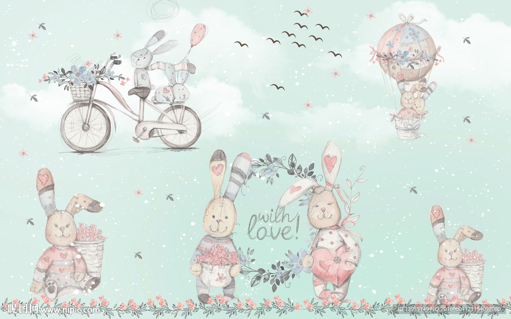 热气球抽象小兔子手绘雪花卡通儿