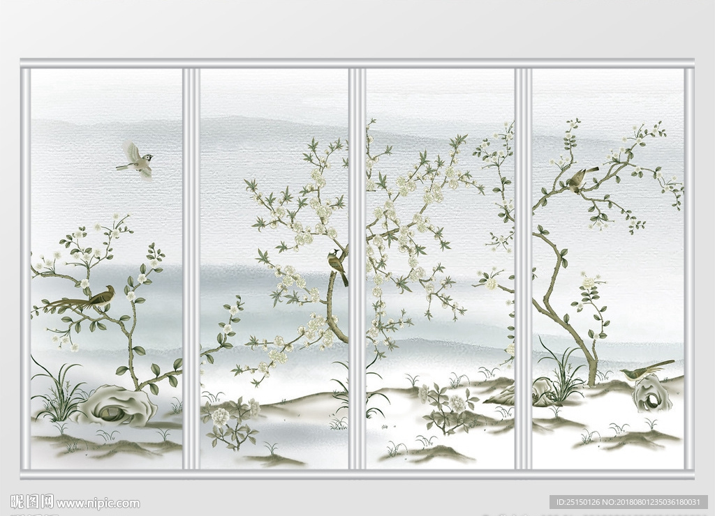 水墨山水背景花鸟移门