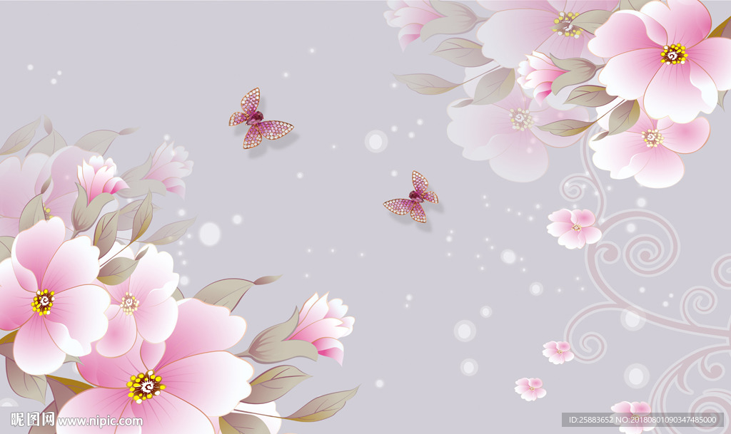 时尚粉色蝶恋花电视背景墙