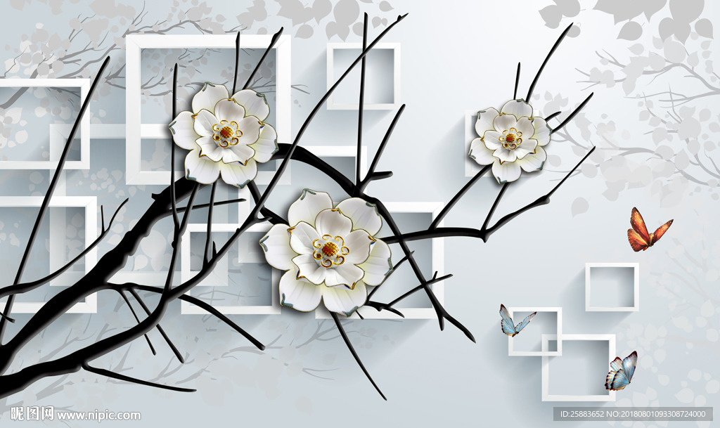 枯枝莲花3D电视背景墙