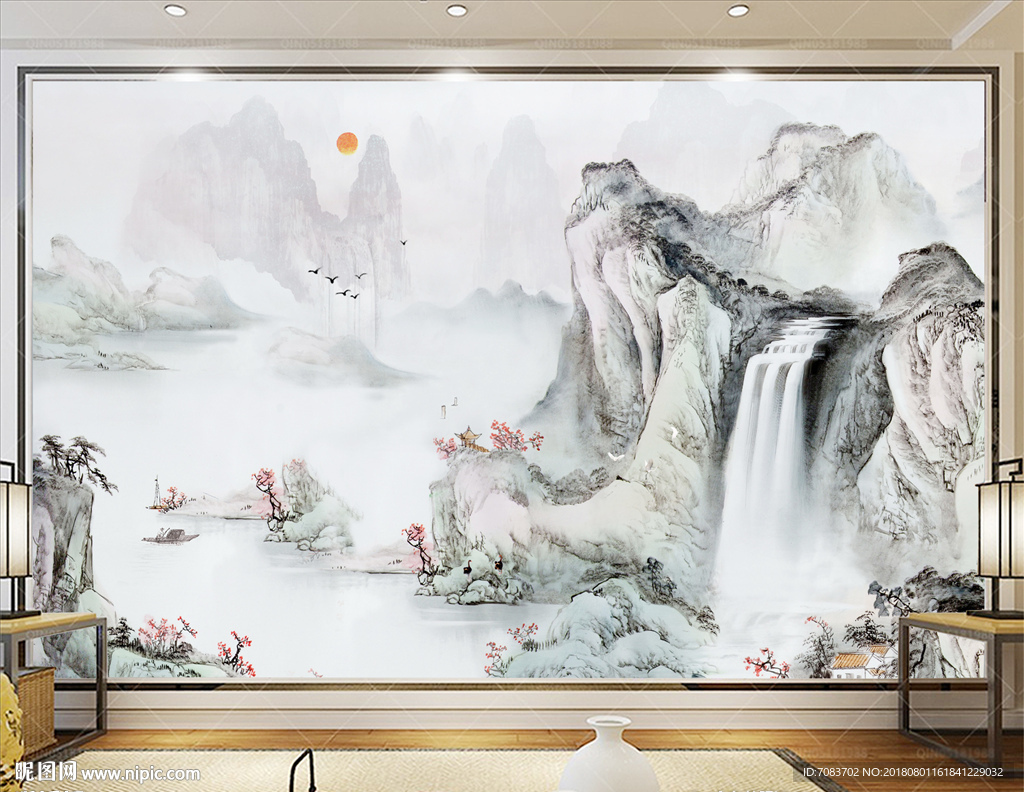 水墨山水画背景墙