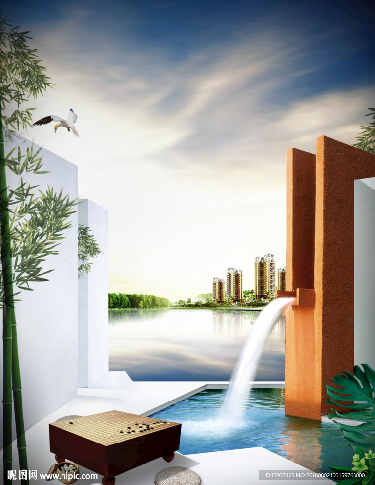 园林 山水 江湖 插画 黑金