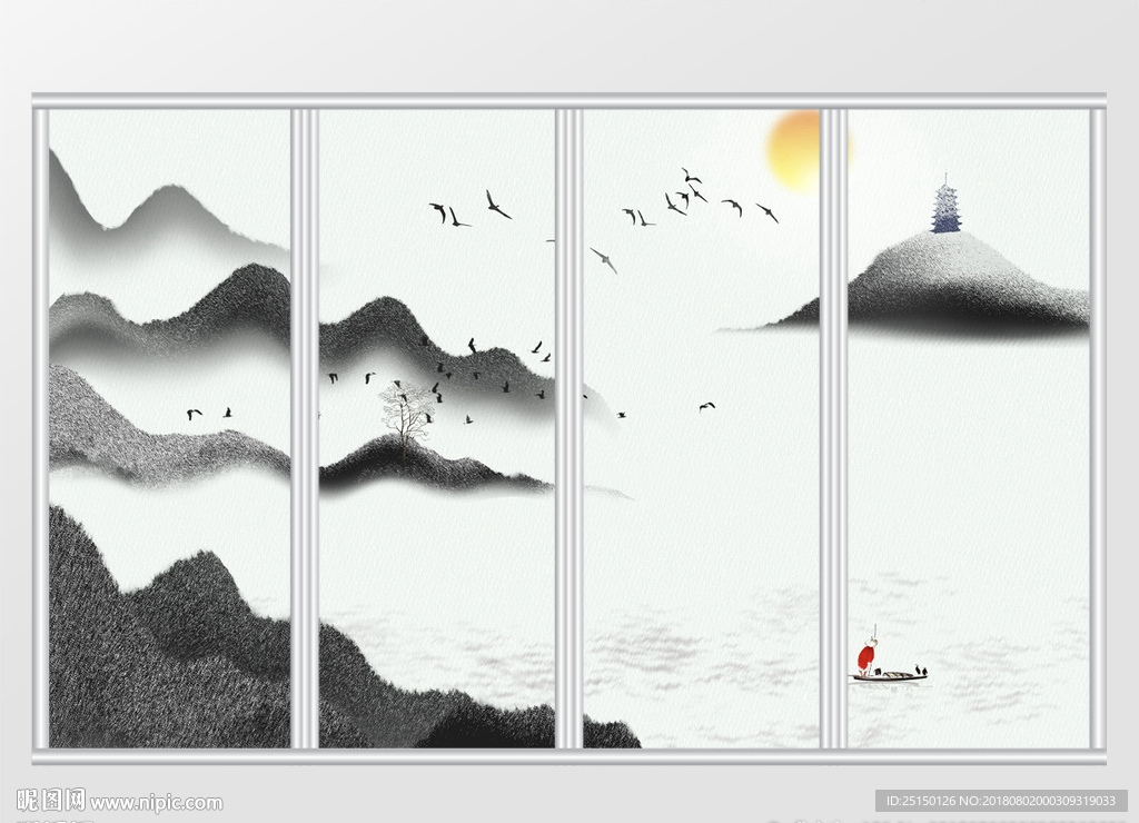 中式水墨杂点山水画移门