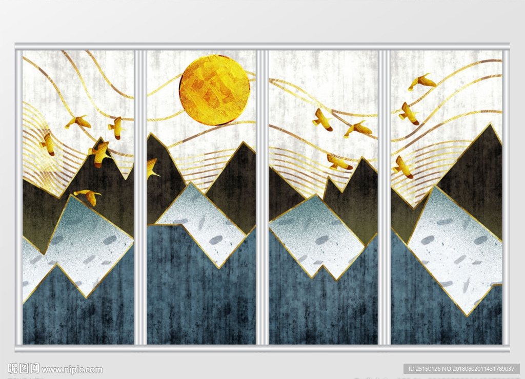 新中式金箔山水飞鸟移门