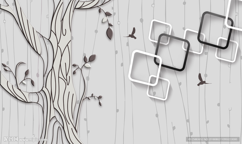大树飞鸟手绘创意3D电视背景墙