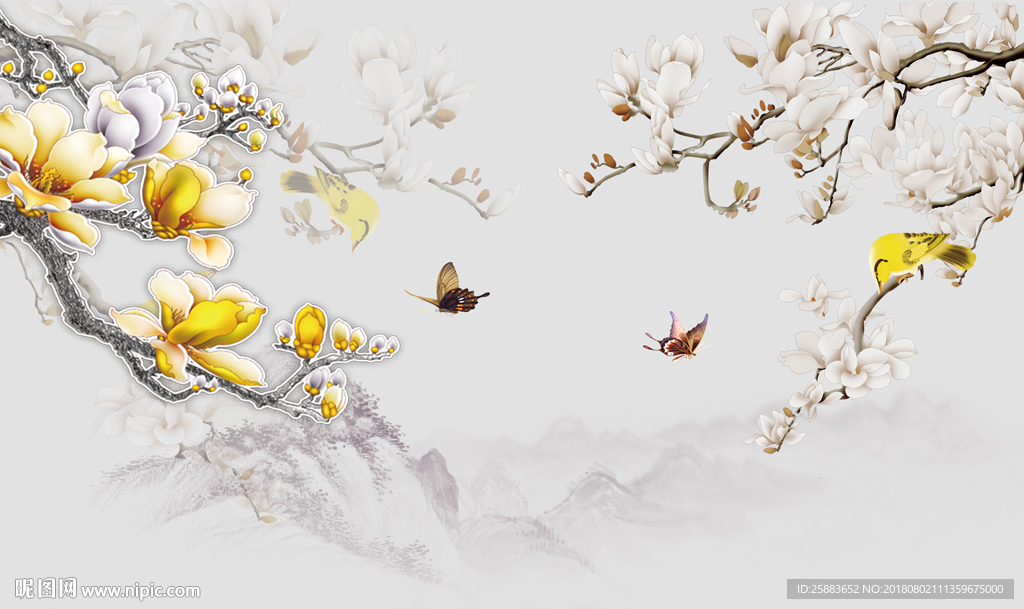 玉兰花山水高清电视背景墙