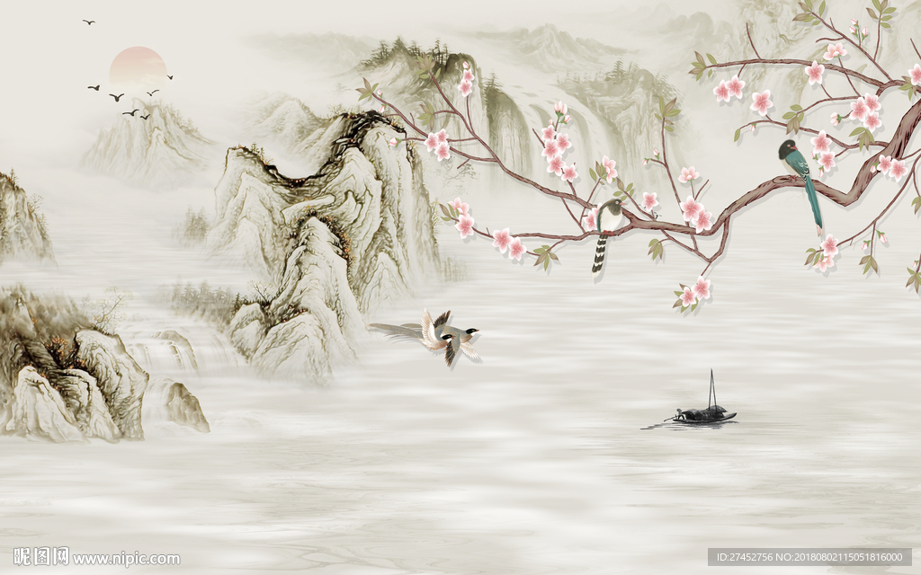中式山水花鸟背景墙
