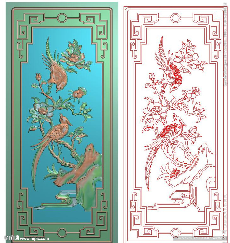 花鸟花开富贵牡丹花门板精雕图