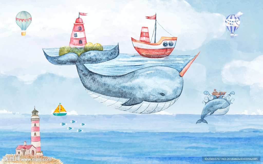 手绘鲸鱼海洋儿童墙面艺术设计背