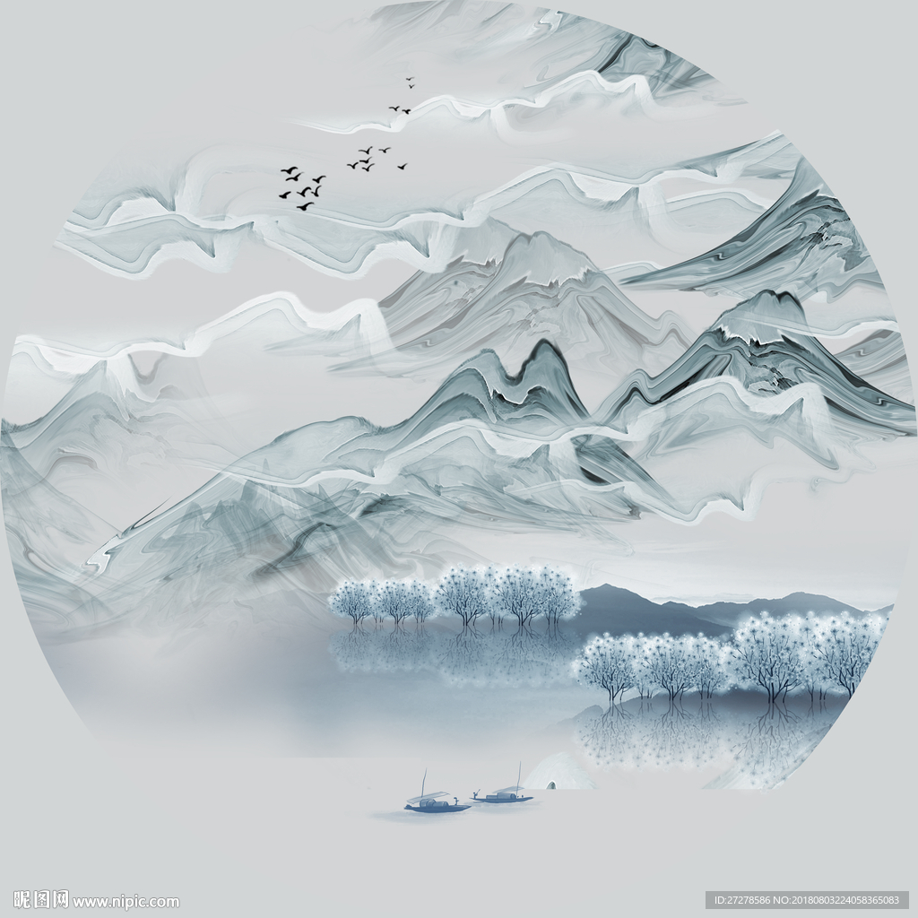 高清圆形蓝色山水装饰画