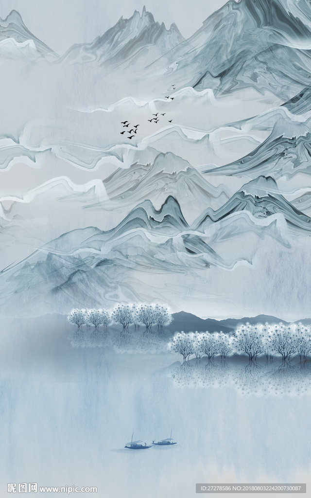 高清蓝色山水树林装饰画