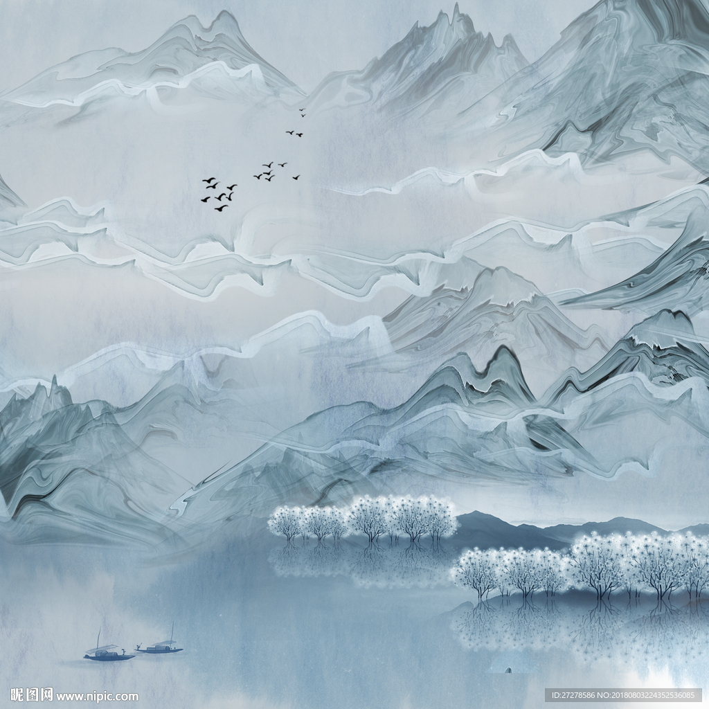 高清蓝色山水画装饰画