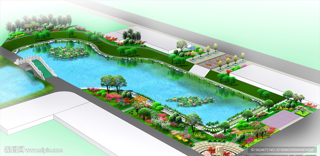 水系 游园 池塘绿化景观效果图