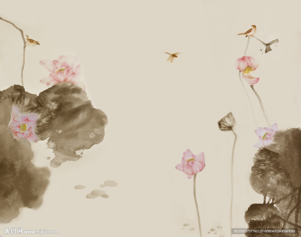 水墨荷花中国画蜻蜓玄关屏风背景