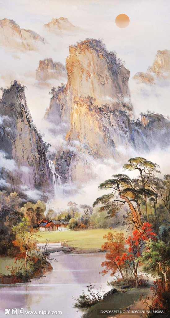 油画山水创意玄关屏风背景底纹素