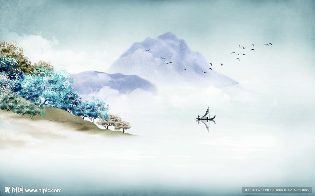 中式禅意意境山水画客厅沙发背景