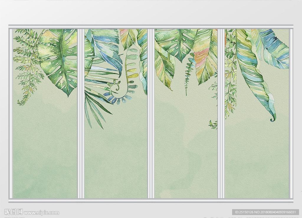 简约绿色叶子水彩移门