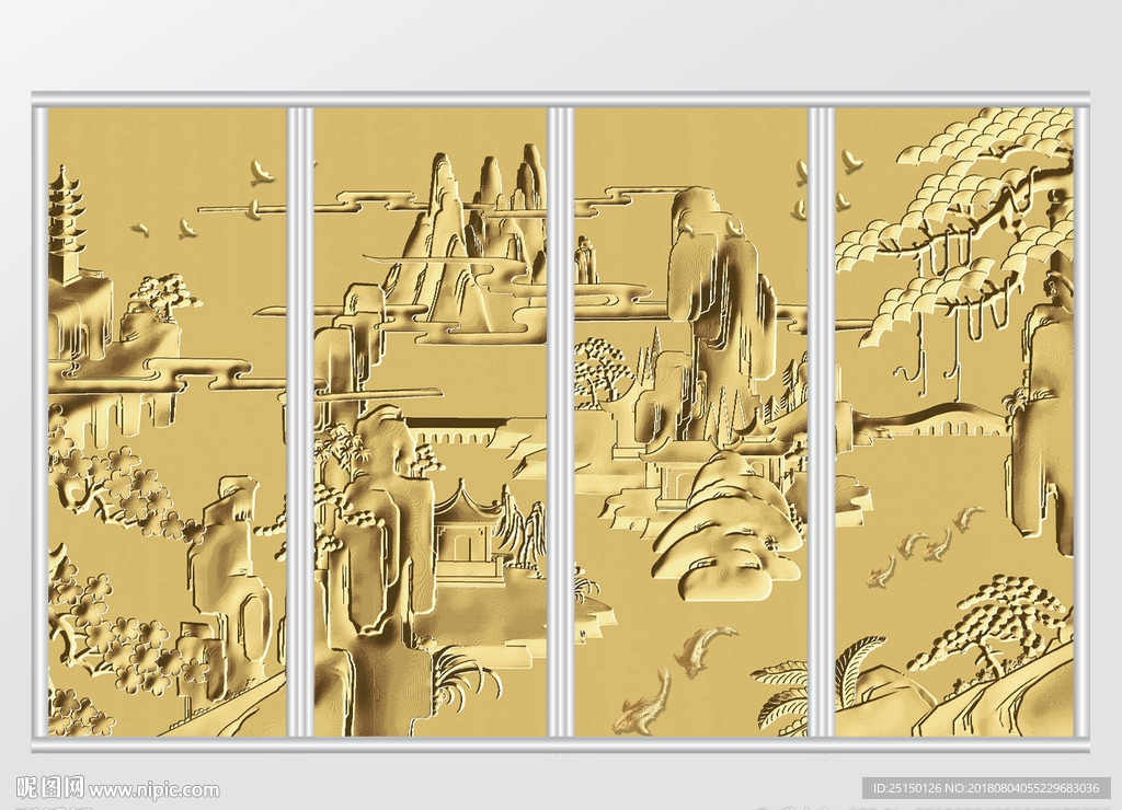 新中式金色山水浮雕效果移门