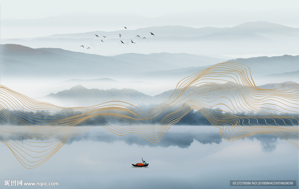 大型蓝色线条山水背景壁纸