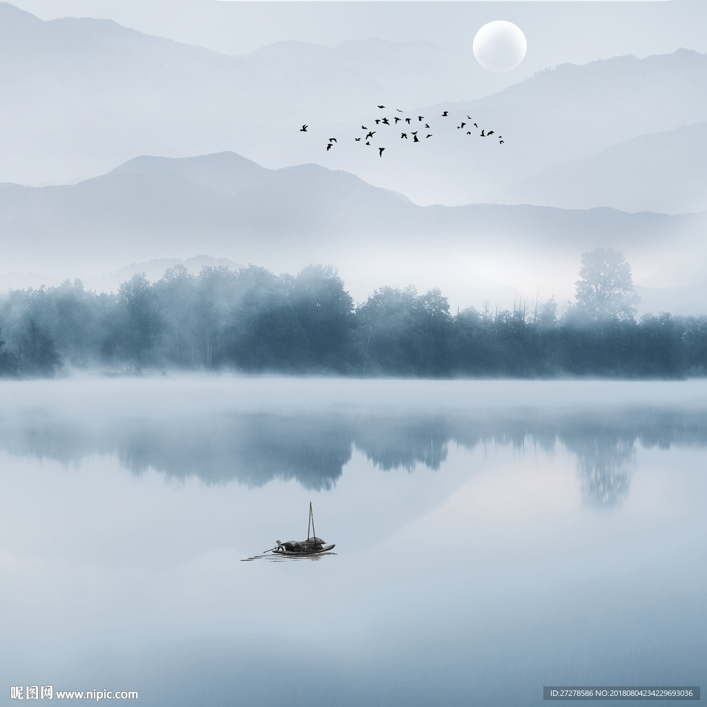 高清蓝色山水画