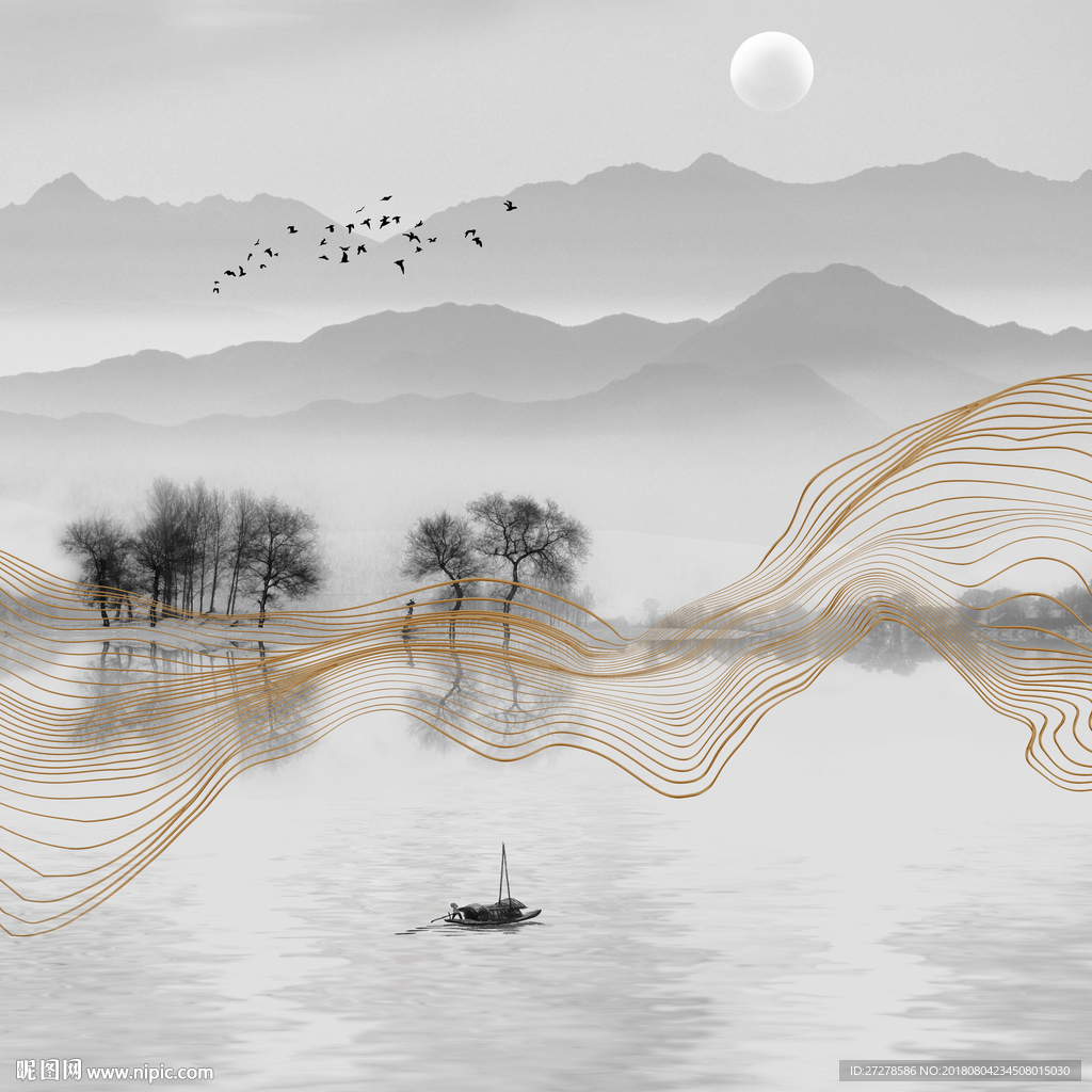 高清方形水墨线条山水画