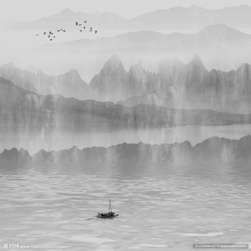 高清方形水墨山水画装饰画