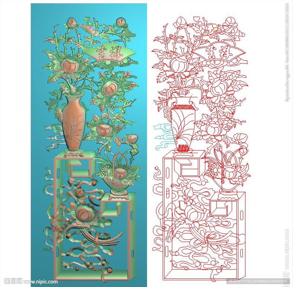 吉祥花博古花瓶牡丹精雕浮雕灰度