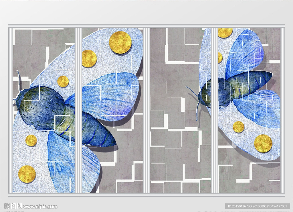 立体抽象蓝色蝴蝶移门