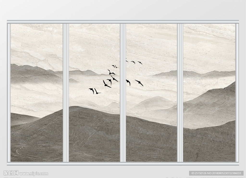 新中式水墨高山飞鸟意境移门