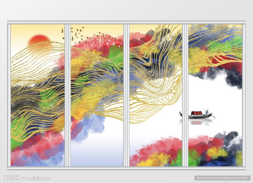 新中式金色抽象水墨山水移门