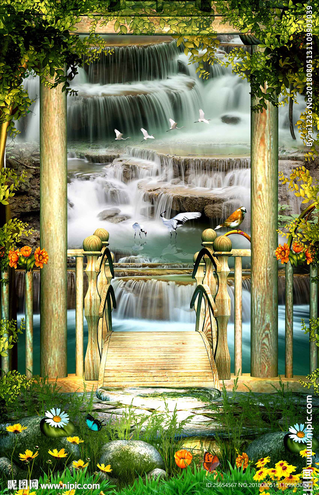 梦幻风景瀑布拱门玄关过道背景墙
