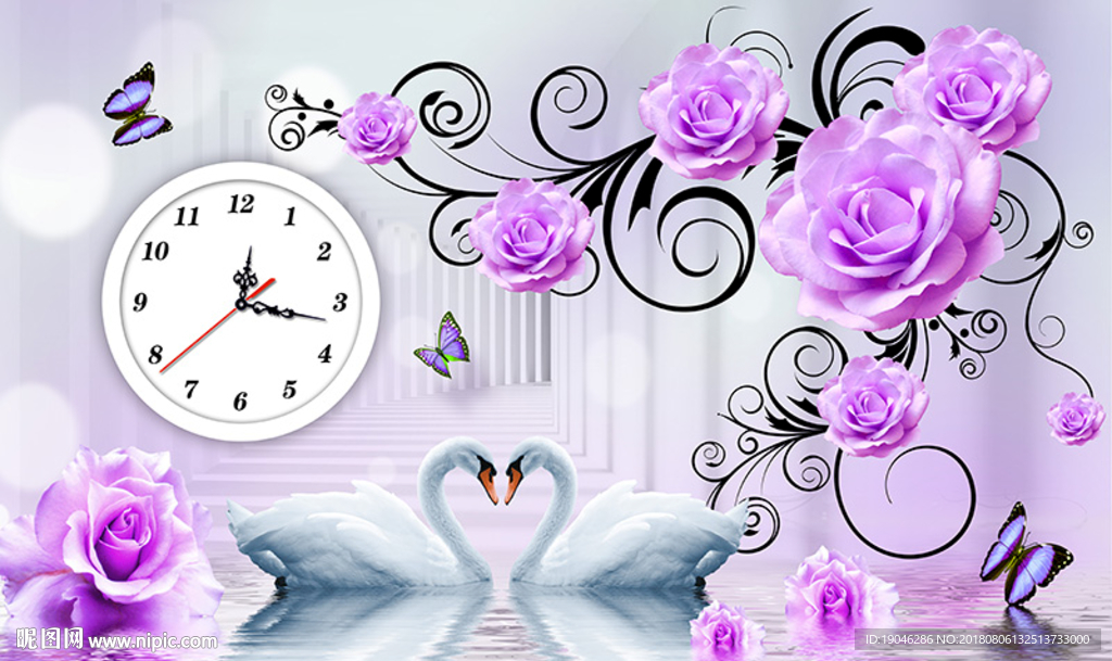 紫色玫瑰天鹅钟表无框画背景墙