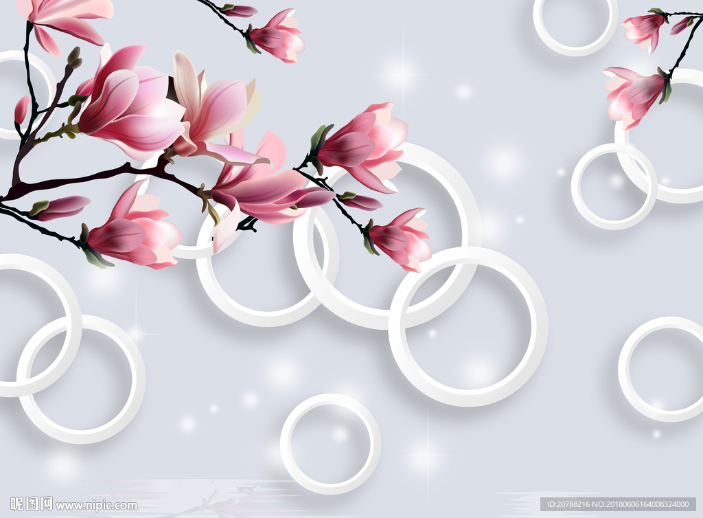 3D圆环玉兰花卉温馨电视墙壁纸
