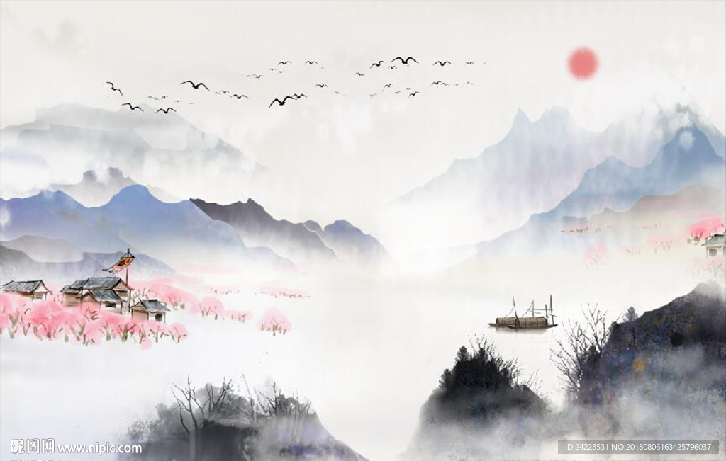 新中式水墨山水世外桃源意境山水