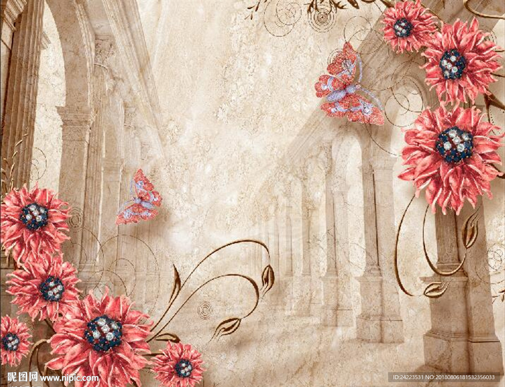 复古罗马柱背景立体珠宝菊花背景