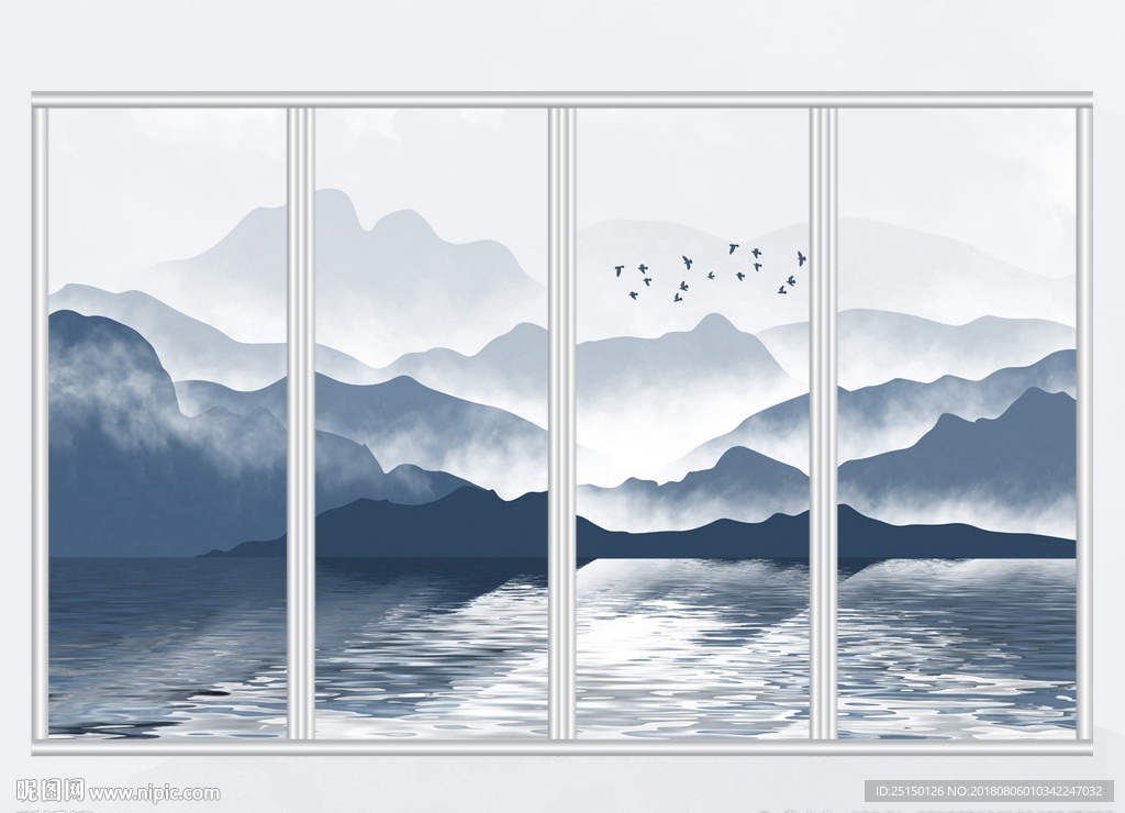 抽象迷雾小鸟山水移门