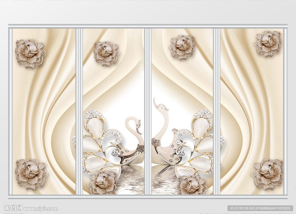 3D立体天鹅花卉珠花珍珠移门